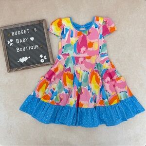 SweetHoney Multicolor Watercolor Print Dress with Blue Ruffle